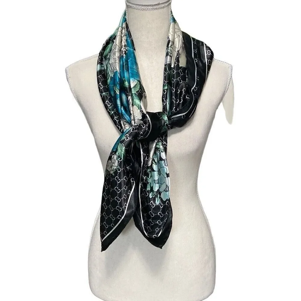 Fashion Scarf Black Blue White Floral Polyester 35x35